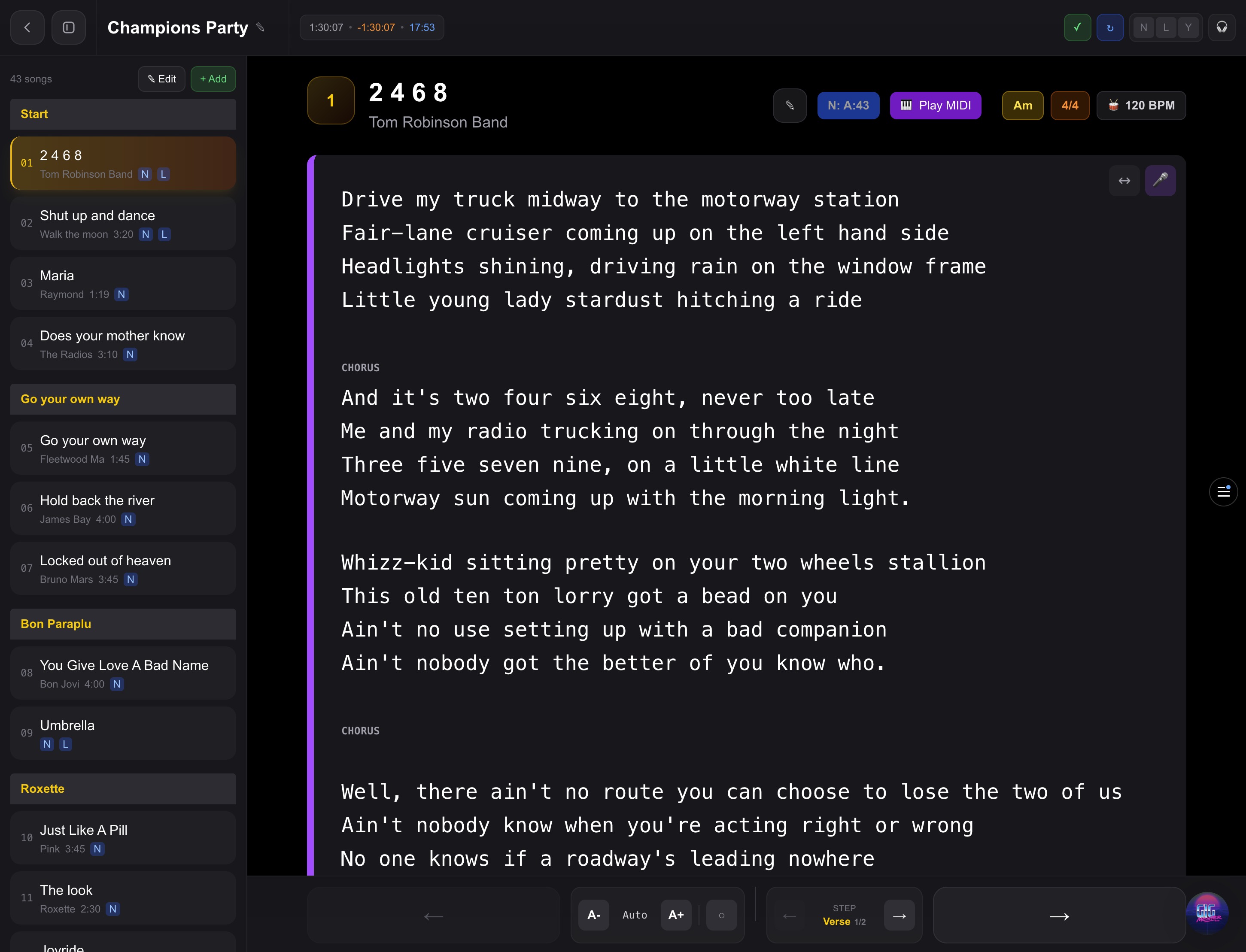 Gigmeister song view showing lyrics, chords, MIDI controls, and setlist sidebar